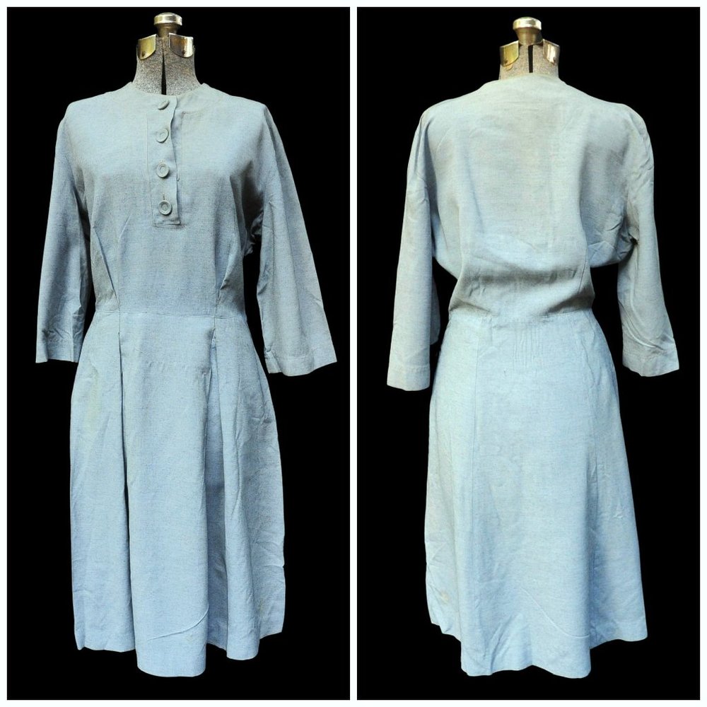Vintage 50s Carol Brent Green Silk Poplin Day Dress Fit Flare w/ Pleats L/XL